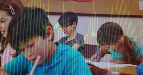 Elementary students engaged in learning with candlestick chart overlay