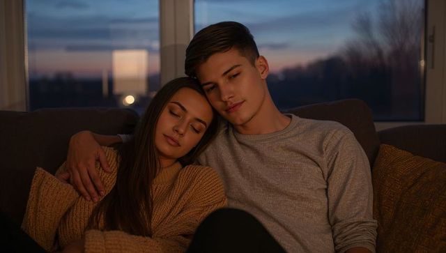 Couple cuddling on couch at twilight, cozy knit sweater and relaxed crewneck