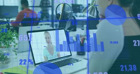 Virtual Meeting in Modern Office with Data Overlay