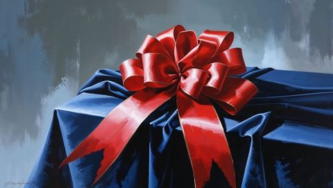Glossy red ribbon bows on blue cloth evokes luxury and elegance