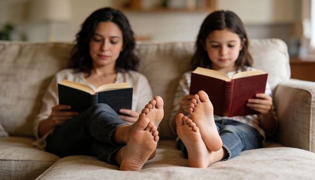 Mother and daughter reading together on cozy sofa barefoot, relaxing at home