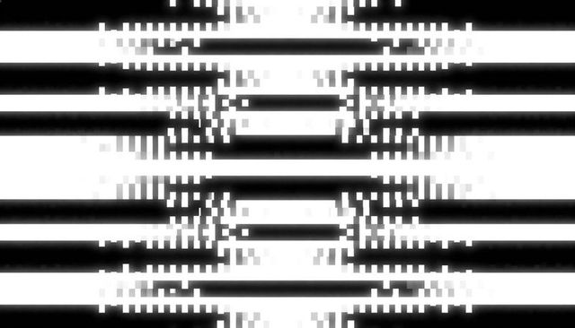 Monochrome glitch stripes with symmetric pixel mosaic and staircase pattern