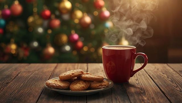 Cozy Christmas Scene with Mug and Cookies by Festive Tree