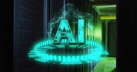 Neon ai hologram hovering above circular platform in server rack aisle data center tech