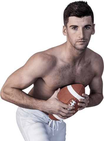 Shirtless Athletic Male Holding Rugby Ball on Transparent Background