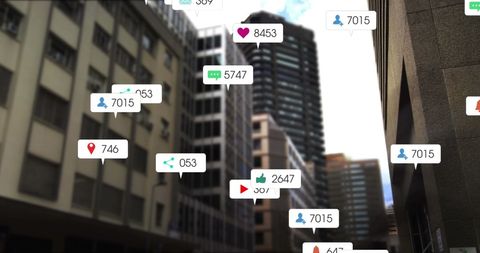 Social media notifications over modern cityscape