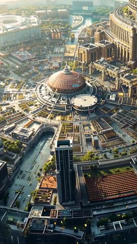 Drone Descent Over Circular Waterfront District Featuring Domed Civic Core — Vertical Aerial Video
