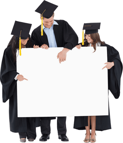 Transparent three diverse graduates holding blank sign
