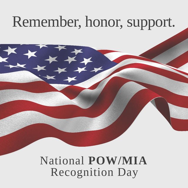 Illustration of flag of america and remember, honor, support, national pow mia recognition day text. copy space, military, armed forces, honor, veteran, vietnam war, memorial event and patriotism.
