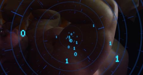 Close-up Male Ear Biometrics with Radar HUD and Binary Data Overlay for Cybersecurity