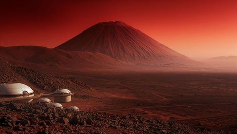 Mars colony under towering conical volcano, domed habitat modules on red plains