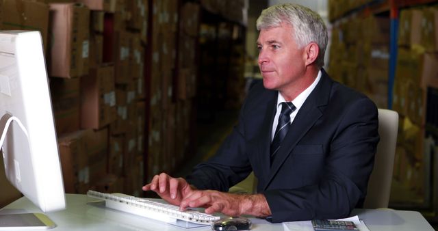 Senior manager working on computer in a warehouse, monitoring and optimizing logistics. Suitable for articles on supply chain, logistics management, and business operations. Ideal for use in business-focused content showing professional activities in warehouse environments.