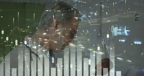 Doctor Overlaid with Financial Data and Cityscape Imagery