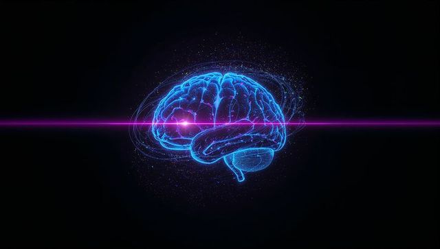 Holographic neon brain with magenta laser beam and floating neural particles futuristic ai