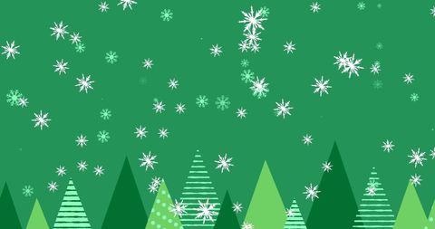 Festive scene features snowflakes gently falling over stylized evergreen trees on green background, perfect for use in holiday cards, festive social media posts, or as a cheerful backdrop in seasonal videos or presentations to evoke winter wonder and holiday spirit.