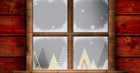 Cozy christmas window with falling snow and mountains