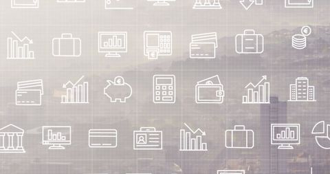 Digital Financial Icons Overlay on Urban Cityscape - Download Free Stock Images Pikwizard.com