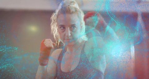 Intense Female Boxer with Futuristic Energy Overlay