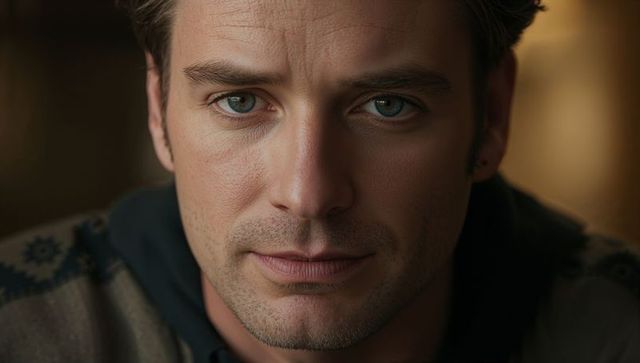 Intimate closeup portrait of thoughtful young man with green eyes, stubble and warm tones