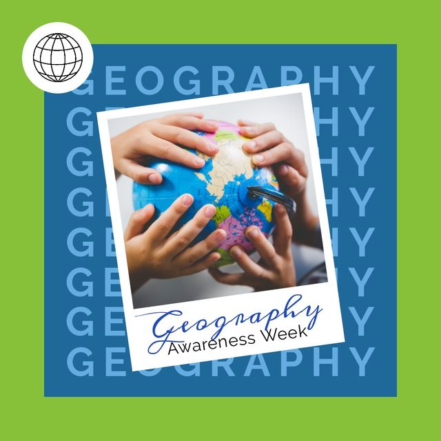 Square image of geography awareness week text with hands of two children holding globe, on green - Download Free Stock Videos Pikwizard.com