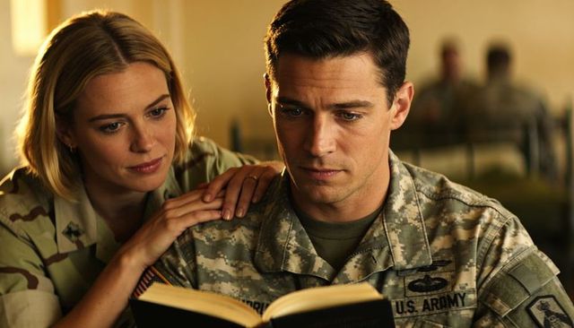 U.s. Army soldier reading book while partner offering comfort in barracks moment