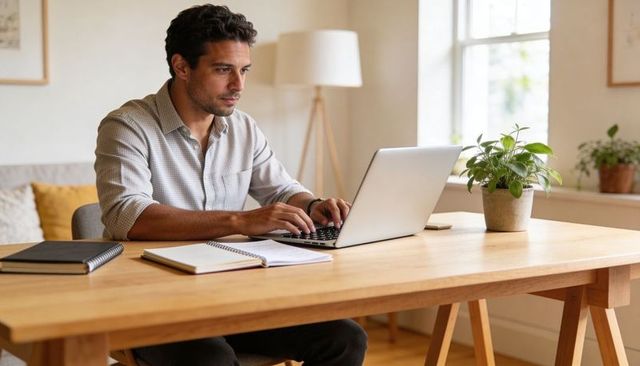 Focused remote worker typing on laptop at bright home workspace with notebooks and plant