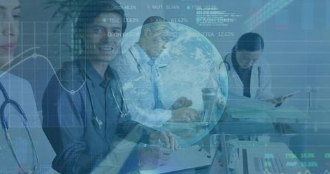 Medical team collaborating on global health data with digital dashboards and stethoscopes
