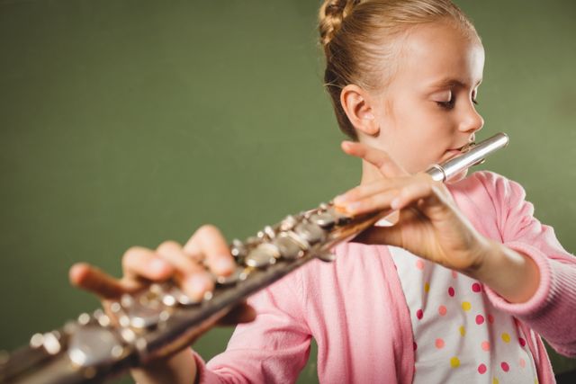 Young girl playing flute against green background. Ideal for educational materials, music school promotions, children's music programs, and articles about musical education and talent development.