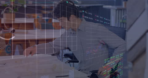 Caucasian Businessman Analyzing Digital Financial Data in Modern Office