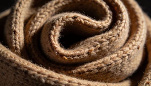 Rolled brown wool scarf spiral showing braided knit texture and soft pilling closeup