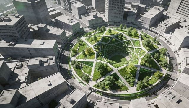 Circular terraced urban park featuring elevated concrete walkways and sunken lawn