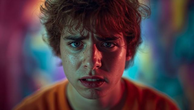 Teen Boy Showing Concern in Neon Lighting Closeup