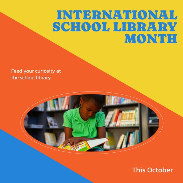 International School Library Month Poster featuring Little Girl Reading - Download Free Stock Templates Pikwizard.com