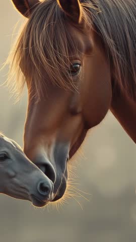 Chestnut mare nuzzling newborn foal close-up vertical video showing maternal bonding