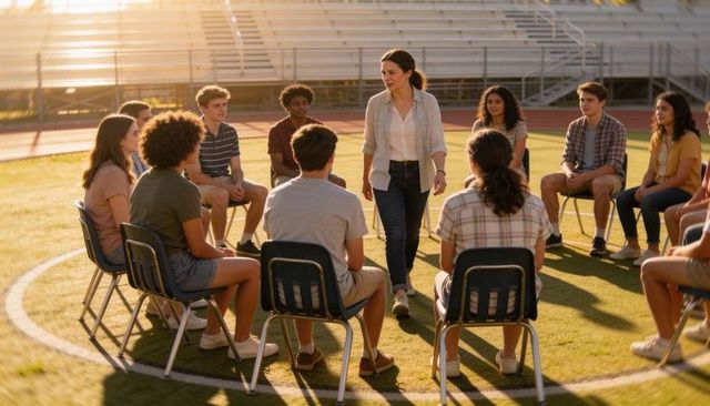 Female teacher leading outdoor circle discussion with high school students on sports field