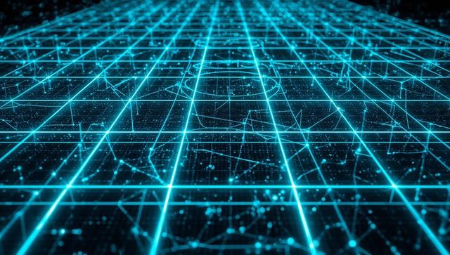 Glowing cyan network grid receding toward horizon with holographic nodes and data points