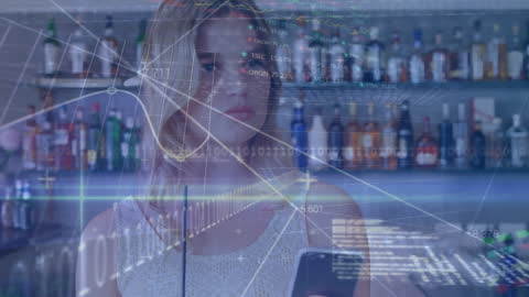 Financial Data Overlay with Woman Using Smartphone in Bar