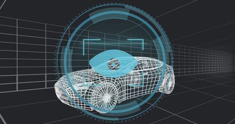 Futuristic wireframe car model with digital hud overlay
