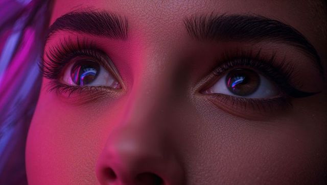 Neon glow closeup woman's eyes catching led light showing winged eyeliner and skin texture