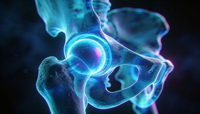 Holographic hip joint visualizing glowing femoral head and acetabulum anatomy