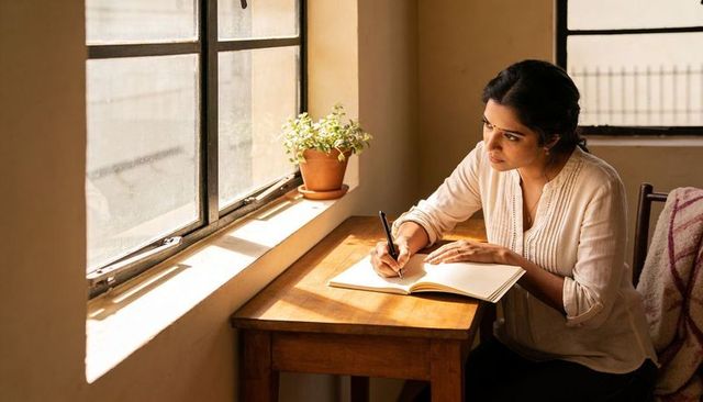 Writing indian woman journaling at sunlit desk by window, calm home workspace