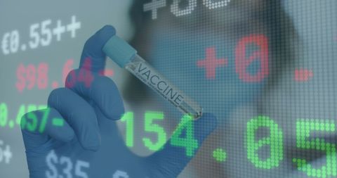 Scientist Holding Covid-19 Vaccine amid Digital Stock Market Statistics