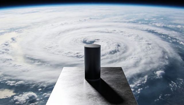 Matte black cylinder standing on metallic platform above earth near cyclone eye
