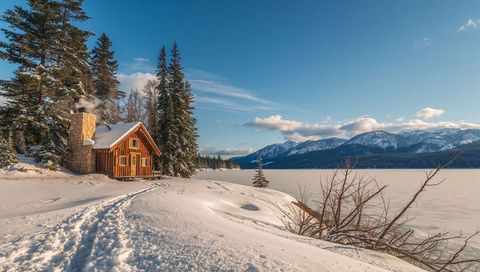 Wooden cabin nestling on snowy lakeshore, smoke rising, footprints leading to pine forest