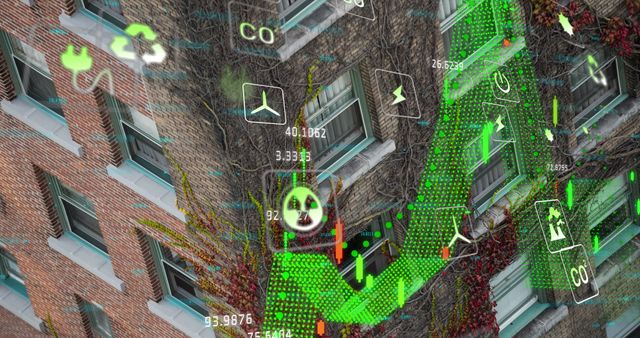 Augmented reality interface projects environmental and ecological data onto an urban building. Useful for illustrating concepts of smart cities, green technology, sustainability, and environmental monitoring in urban settings.
