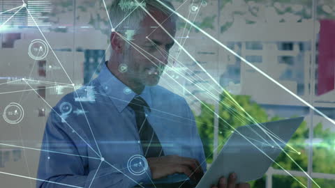Senior Professional Working on Laptop with Digital Network Visualization