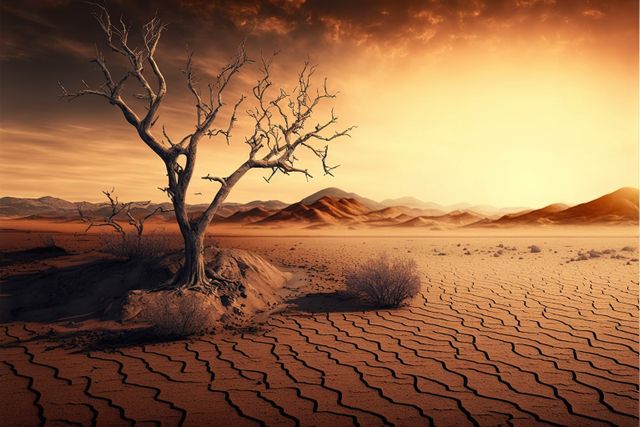 Composition of cracked desert and lonely tree created using generative ai technology. Global warming and ecology concept, digitally generated image.