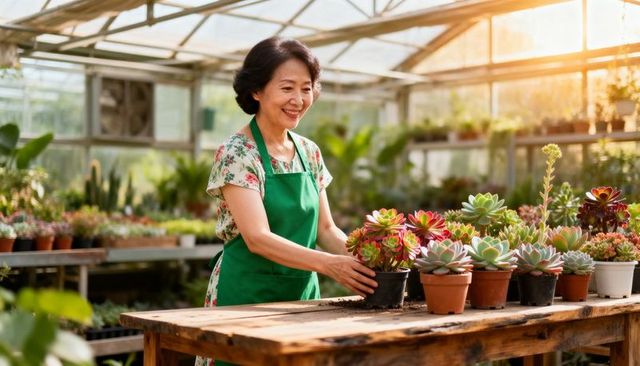 Senior asian gardener arranging colorful succulents on wooden bench in sunlit greenhouse