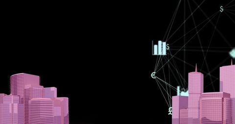 Digital network with icons over 3d urban cityscape