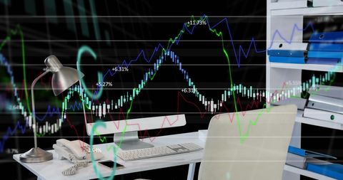 Financial data with fluctuating graphs over office workspace
